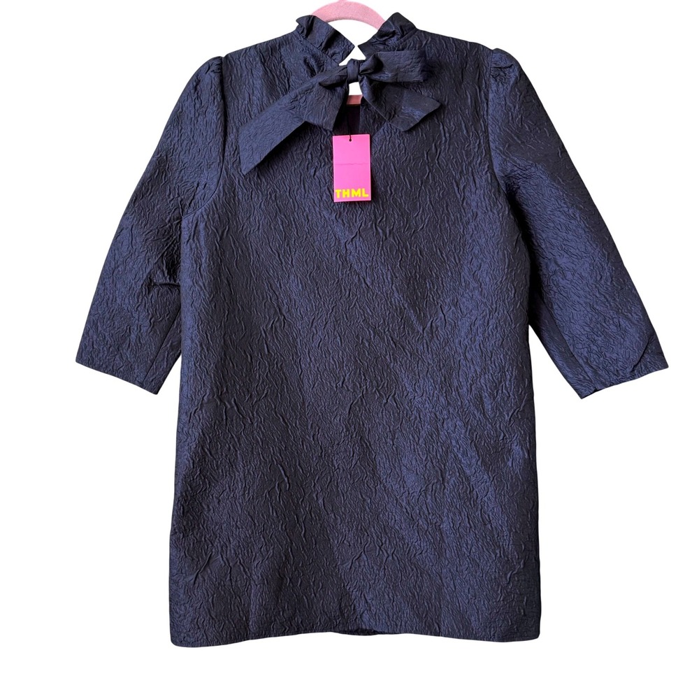 THML Textured Navy Shift Dress w/ Bow Back | Size M | NWT - Picture 4 of 10